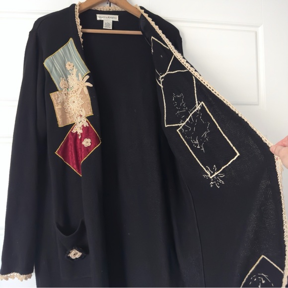 Vintage Shell Kepler Patchwork Beaded Duster Cardigan Large Black Crochet Lace - Picture 5 of 14